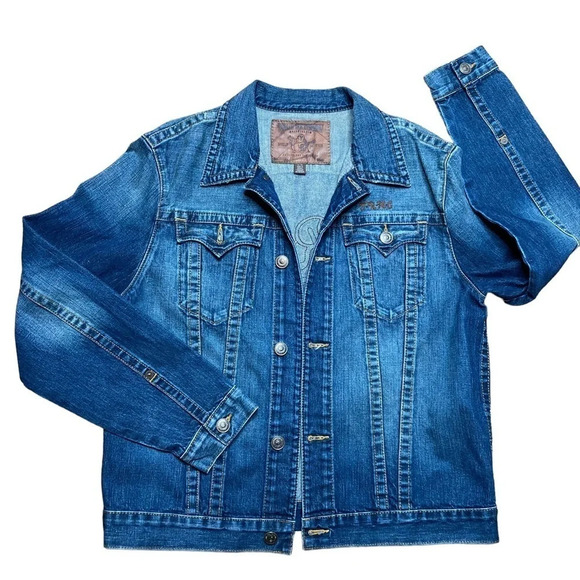 True Religion Vintage Danny Slim Fit Denim Jacket W/ Leather Embroidery Sz: XL - Picture 5 of 16